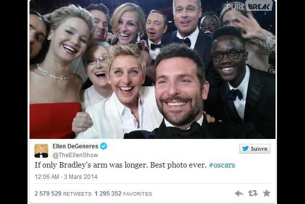 Ellen Degeneres postou a selfie dos famosos em seu Twitter: " Se ao menos o braço do Bradley fosse maior...Melhor foto de todas #oscar"