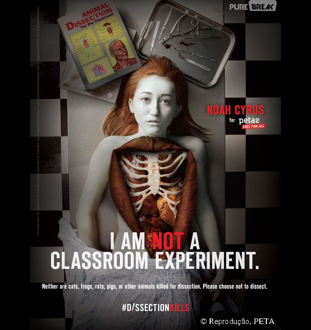 Para a PETA, Noah Cyrus, irmã de Miley Cyrus, aparece em campanha da ONG contra dissecação de animais