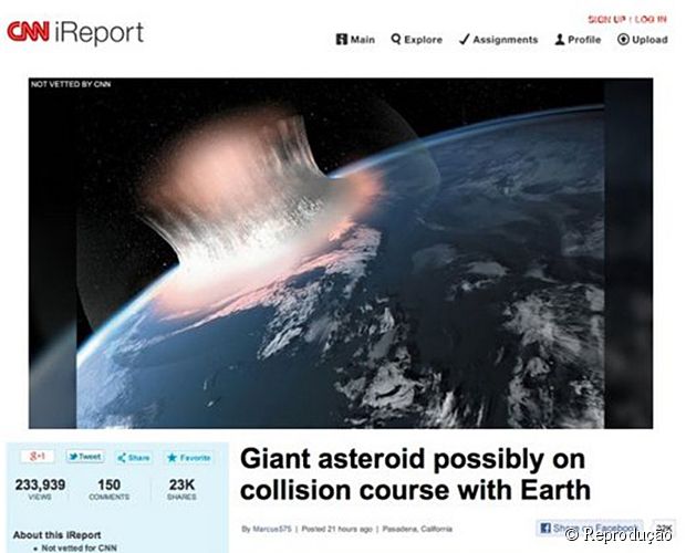 Post no site da CNN alertando sobre possível colisão com asteróide