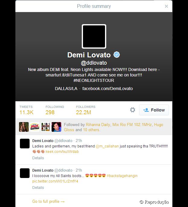 <p>O perfil de Demi Lovato no Teitter ficou todo preto</p>