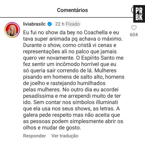 Comentário de Lívia Brasil sobre show de Beyoncé