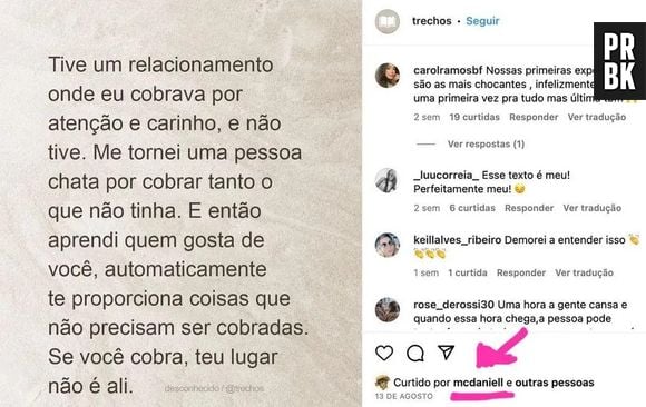 Print mostra MC Daniel curtindo post sobre possível indireta para Mel Maia