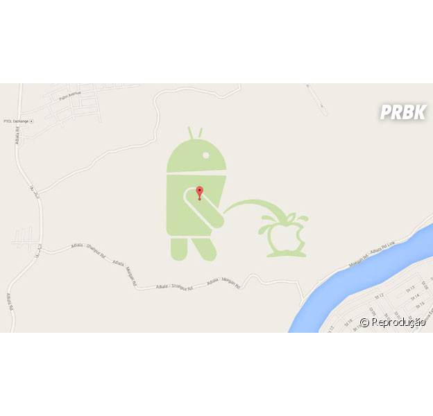 No Google Mapas, alguém desenhou o robozinho Android Bot mijando no ícone da Apple!