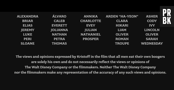 De "Frozen": nos créditos finais, a Disney informando que não apoia o consumo de meleca!