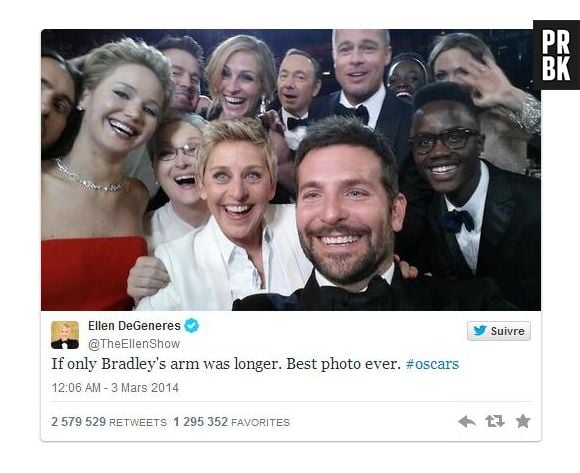 Ellen Degeneres postou a selfie dos famosos em seu Twitter: " Se ao menos o braço do Bradley fosse maior...Melhor foto de todas #oscar"