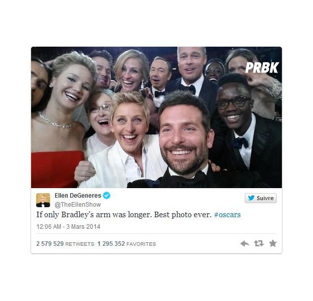 Ellen Degeneres postou a selfie dos famosos em seu Twitter: " Se ao menos o braço do Bradley fosse maior...Melhor foto de todas #oscar"