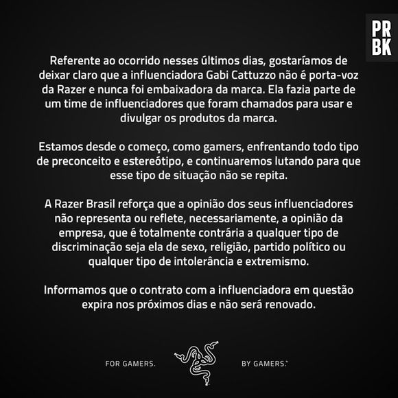 Após tweet de Gabi Cattuzzo, Razer se pronuncia e encerra contrato com gamer