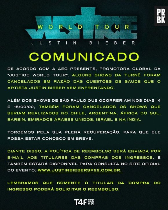 Justin Bieber cancelou toda a Justice World Tour