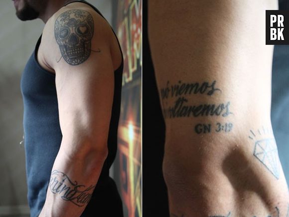 No detalhe, Lucas Lucco mostra sua caveira mexicana e uma das suas tatuagens bíblicas