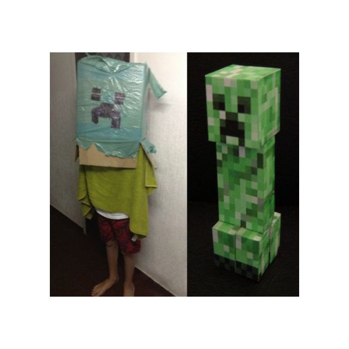 O monstro do game &quot;Minecraft&quot; chamado Creeper tambpem foi adaptado para um cospobre com caixa de papelão e uma toalha