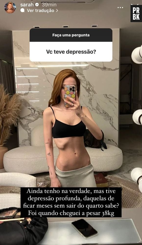 Sarah com 38 Kg no auge da depressão