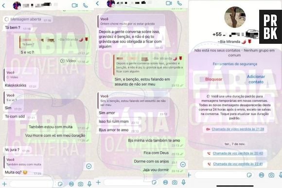 Prints da conversa entre Bia Miranda e Gabriel Roza