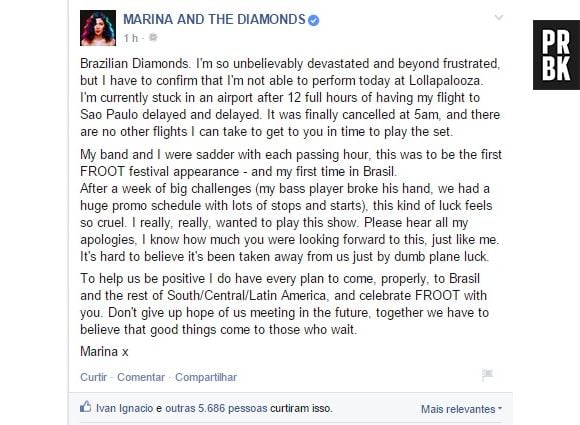 Marina and Diamonds fez questão de pedir desculpas aos fãs brasileiros no Facebook por cancelar show no Lollapalooza 2015