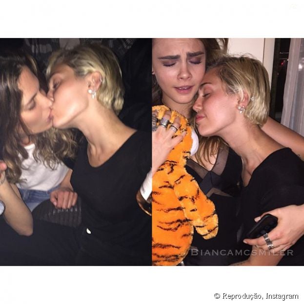 Miley Cyrus curte noite caliente e divertida com as modelos Frankie Rayder e&nbsp;Cara Delevingne. Reparou no beija&ccedil;o?