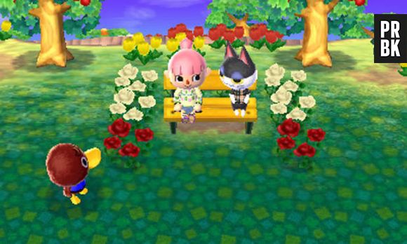 Printscreen de "Animal Crossing: New Leaf" com um casal passando um momento fofo no banquinho