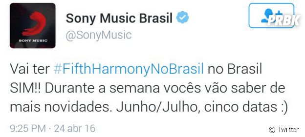 Sony Music confirma, através do Twitter, vinda do Fifth Harmony ao Brasil