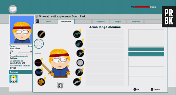 Seu inventário e equipamentos que está usando no "South Park: Stick Of Truth"