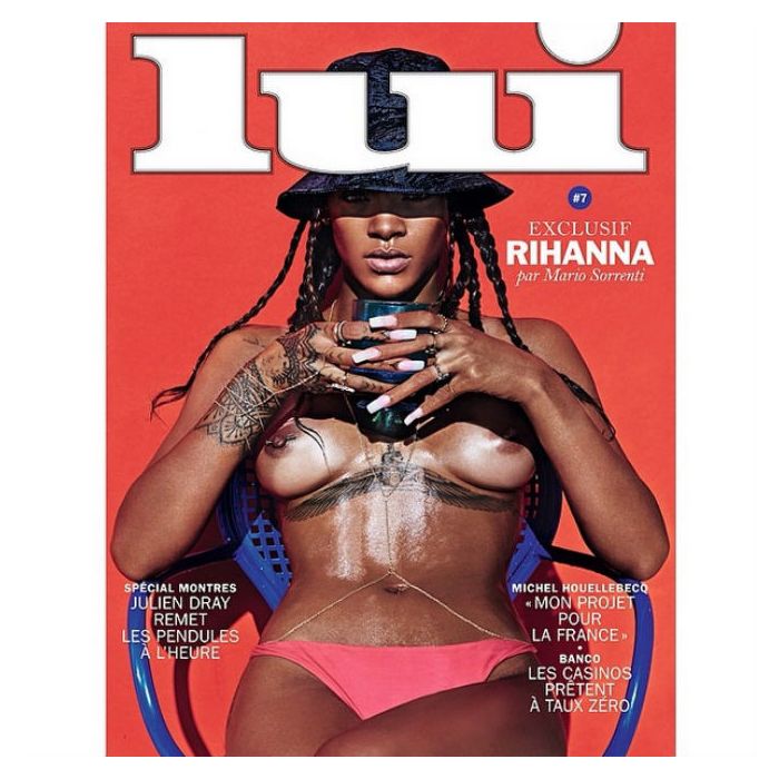  A cantora Rihanna compartilhou fotos em que aparece seminua para a revista francesa &quot;LUI&quot; 