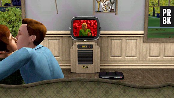 Dois rapazes se beijando no trialer de "The Sims" na E3 de 1999