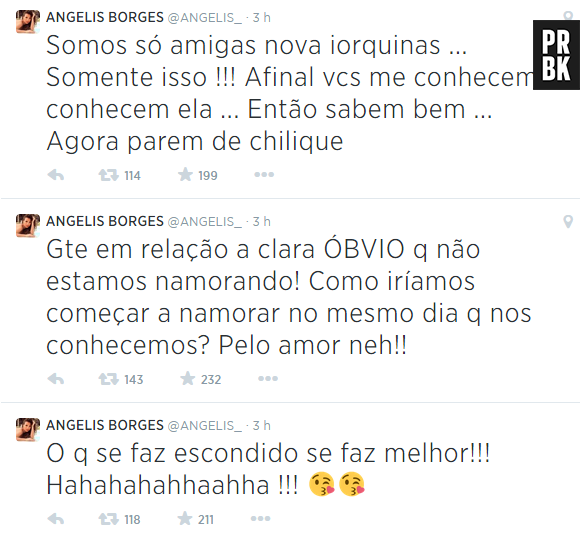 Publicações no Twitter de Angelis Borges, apontada como affair de Clara Aguilar