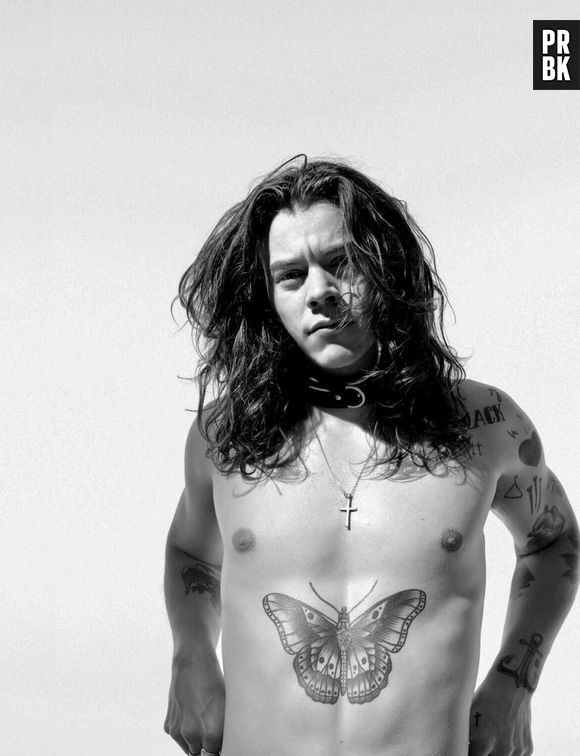 Harry Styles sem camisa, com cabelo longo e em preto e branco, obrigada por tudo