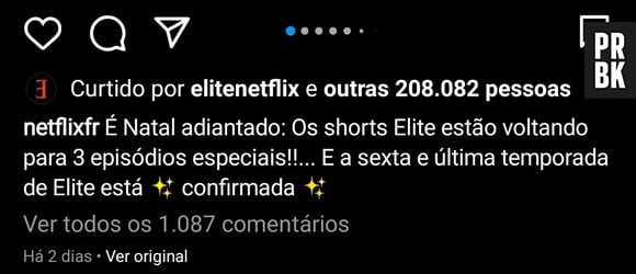 Legenda original no Instagram da Netflix França falava sobre final de "Elite"