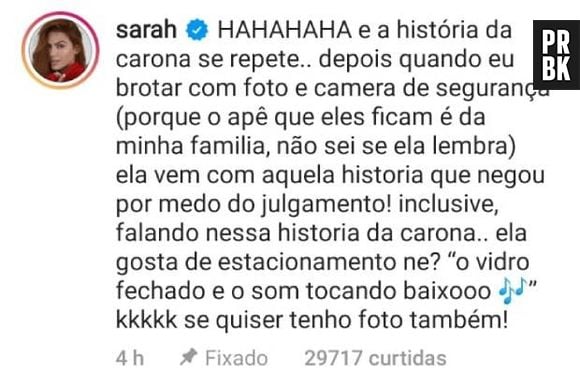 Sarah Poncio ironiza Letícia Almeida: "Gosta de um estacionamento, né?"