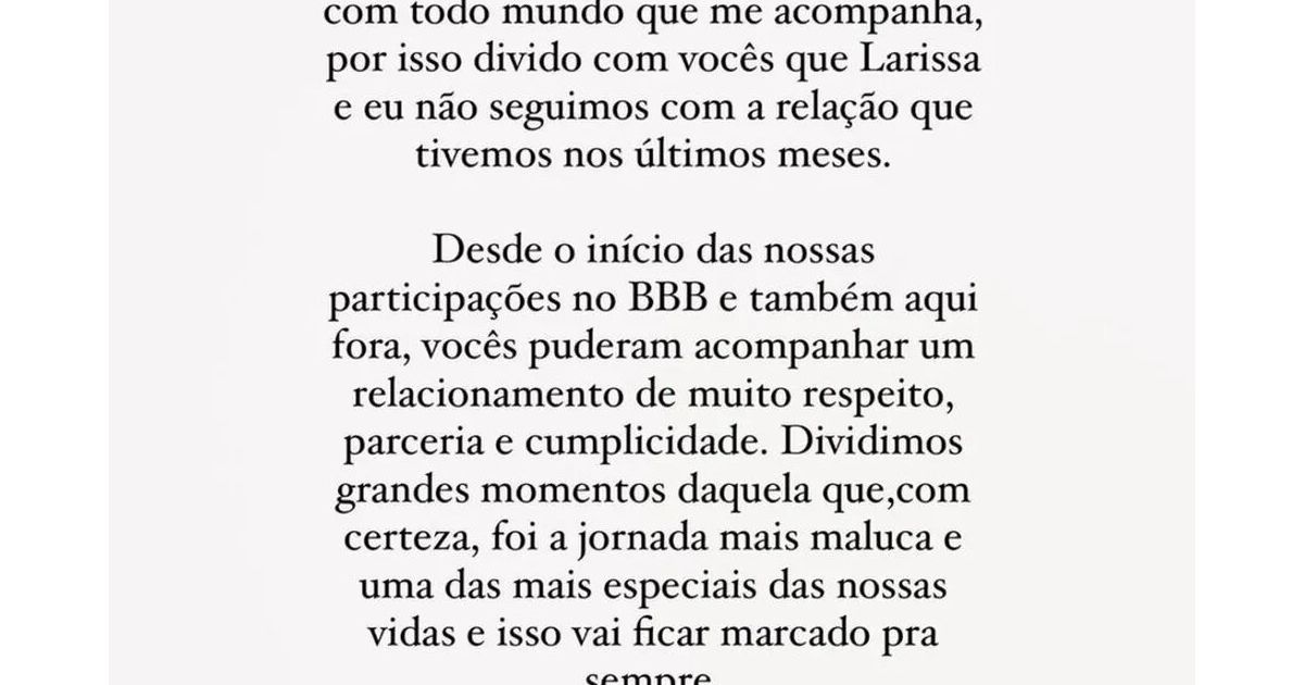 Fim do namoro! Ex-BBB Larissa faz mistério, mas confirma término com Fred  Bruno - Purebreak