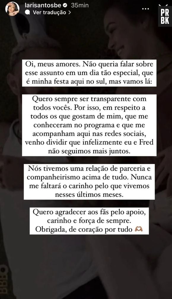 Larissa Santos escreveu uma mensagem em seus Stories