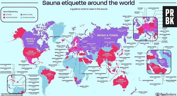 SpaSeekers formulou um mapa-múndi onde é possível ver as regras de vestimenta em spas de diferentes países