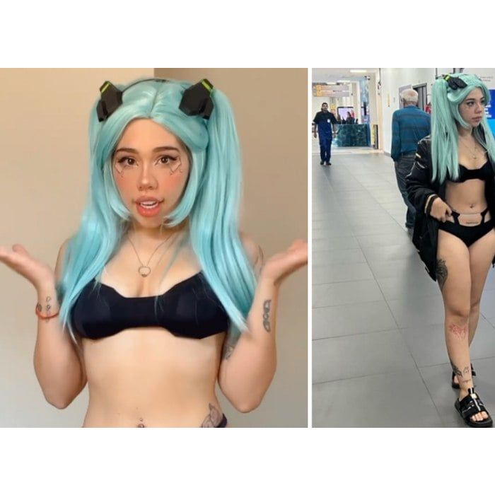  Influencer do OnlyFans, é barrada em aeroporto ao usar apenas roupas íntimas e peruca azul 