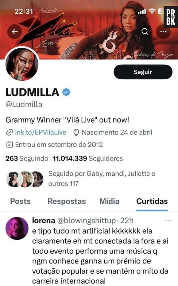 Curtida de Ludmilla em tweet