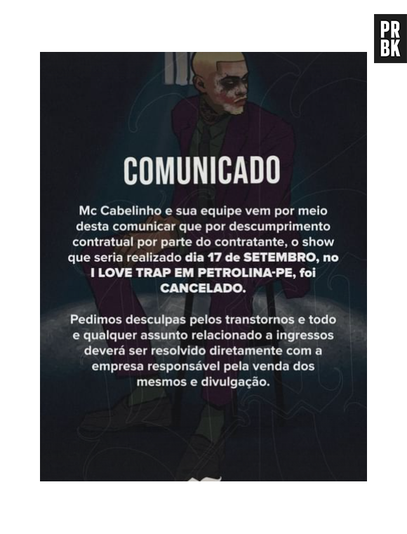 Produção de MC Cabelinho posta comunicado sobre show cancelado