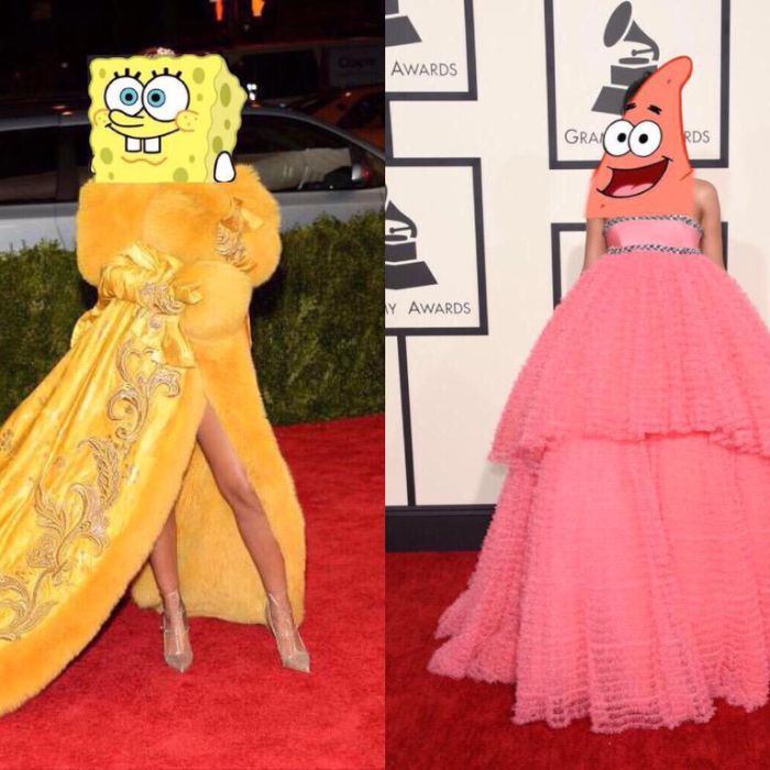  Rihanna ganhou um meme de Patrick do &quot;Bob Esponja&quot; quando foi ao Grammy e agora virou o pr&amp;oacute;prio personagem amarelo no MET Gala 2015! 