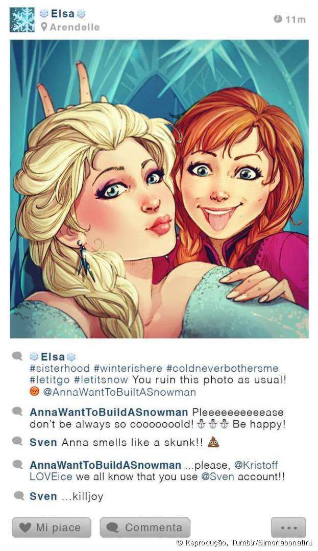 Elsa e Anna se divertindo com as selfies e postando no Instagram