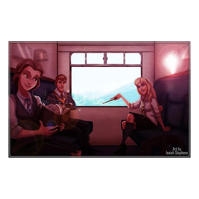 Viajar para Hogwarts com Bela e Aurora deve ser muito legal!