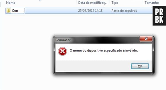 Impossível criar pasta com nome "Con" no Windows