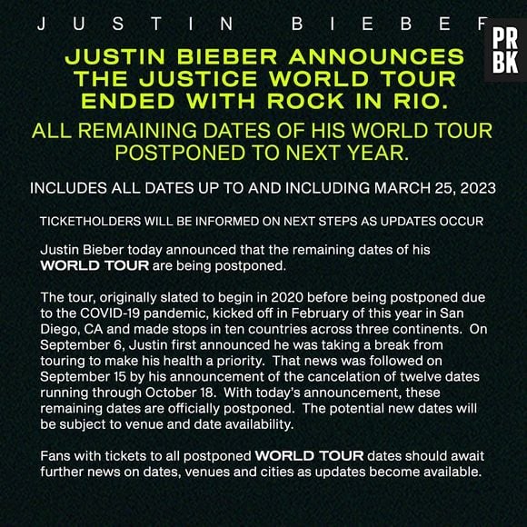 Instagram da Justice Tour anuncia que todos os shows da turnê mundial de Justin Bieber foram adiados para 2023