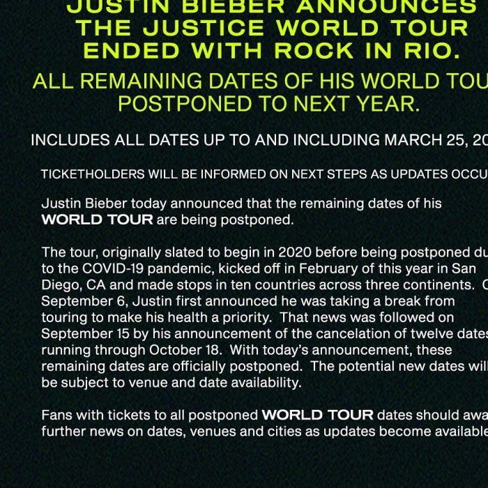 Instagram da Justice Tour anuncia que todos os shows da turnê mundial de Justin Bieber foram adiados para 2023