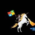 O Ninja Cat carrega a bandeira do Windows 10 enquanto cavalga um unic&oacute;rnio que solta fogo pelas ventas! 