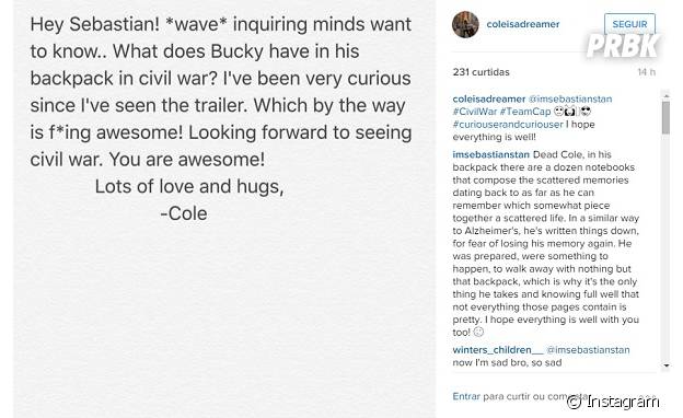 Sebastian Stan, de "Capitão América 3", responde fã no Instagram
