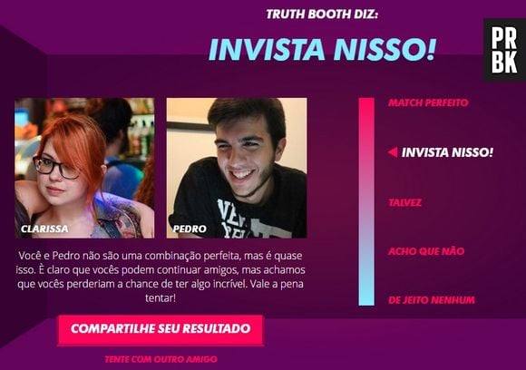 O Truth Booth do "Match Machine" revela se um amigo específico do Facebook tem uma química boa com você