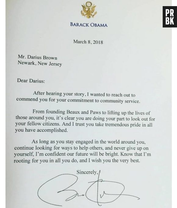 O ex-presidente dos Estados Unidos, Barack Obama, homenageou Darius Brown por iniciativa para ajudar animais abandonados