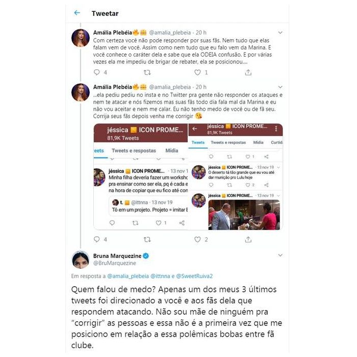  No Twitter, Bruna Marquezine briga com fã de Marina Ruy Barbosa 