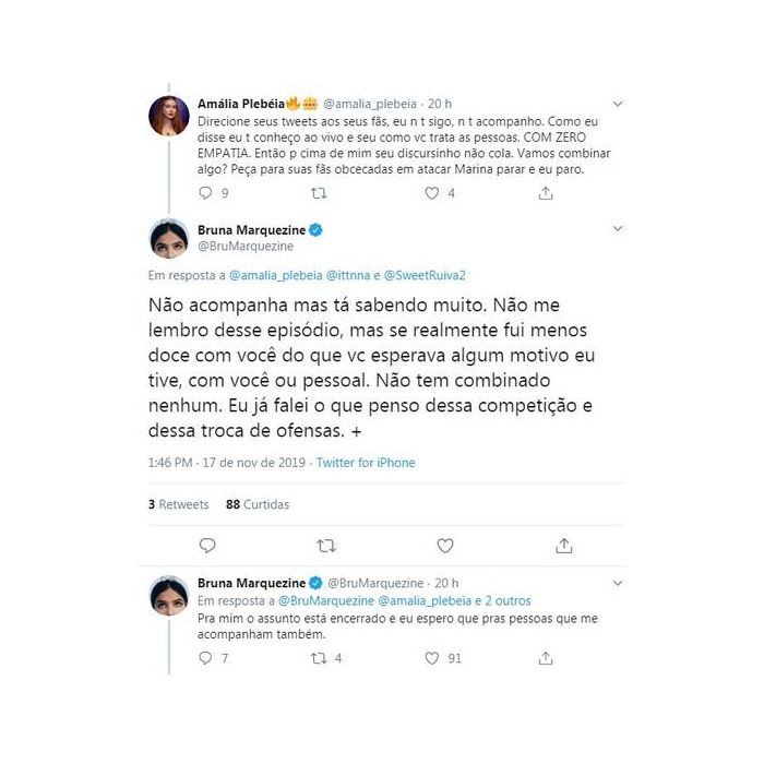 Bruna Marquezine se irrita com fã de Marina Ruy Barbosa no Twitter
