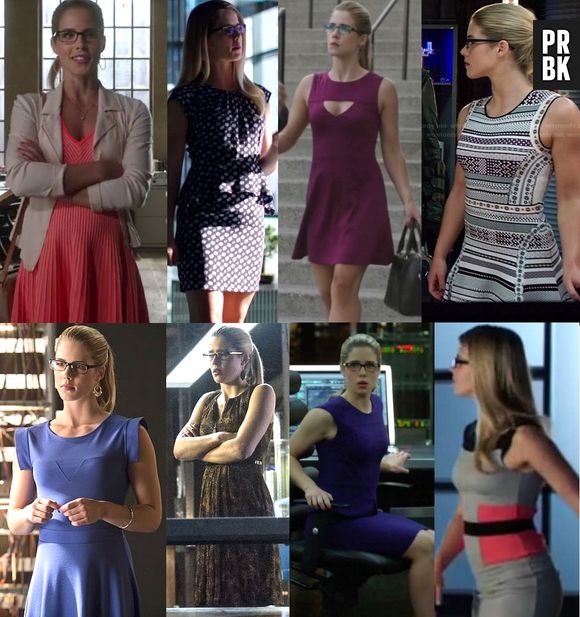 Felicity (Emily Bett Rickards) adora usar vestidos pra trabalhar em "Arrow"