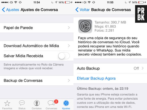 Dentro de "Ajustes e Conversas", no Whatsapp, clique na barra "Backup de Conversa"