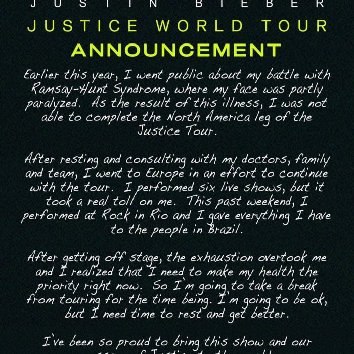 Em junho, Justin Bieber interrompeu sua turnê na América do Norte ao ser diagnosticado com a síndrome de Ramsay-Hunt