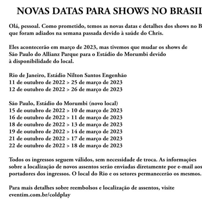 Coldplay muda endereço de shows em São Paulo do Allianz Parque para o Estádio do Morumbi