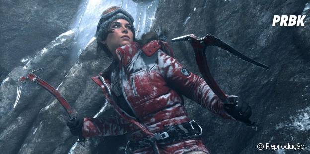Lara Croft escalando montanhas geladas em "Rise Of the Tomb Rider"